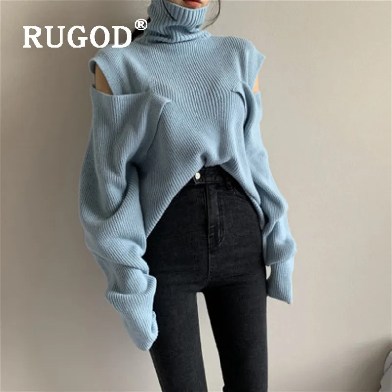 RUGOD, новое осеннее специальное поступление, корейский Однотонный свитер, пуловеры, женский свитер с высоким воротом, длинный рукав, с открытыми плечами, трикотаж