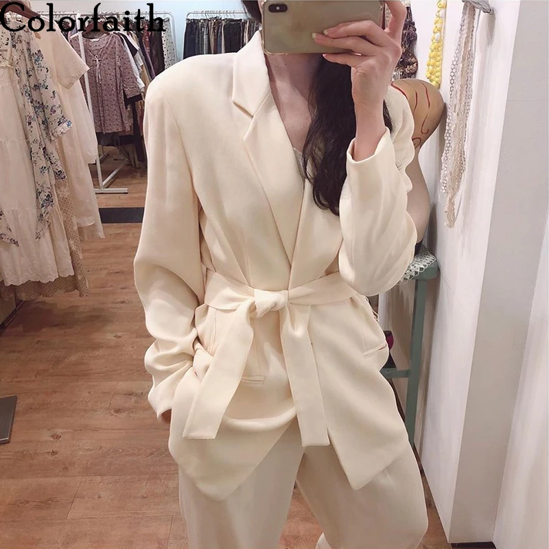 Colorfaith/Новинка 2019 года женские блейзеры с поясом длинные официальные куртки со