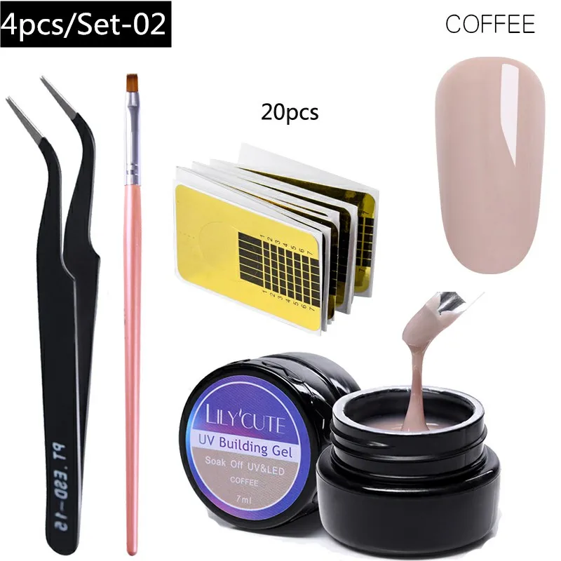 4Pcs -LC0 2 LILYCUTE 20ml Poly Extension Gel Kit Quick Building Gel White Clear LED Acrylic Builder Nail Tips Nail Art Gel Brush Tool Set - Цвет: 4Pcs -LC0 2