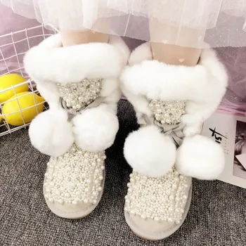 

Winter warm boots original handmade beaded pearl fur all-in-one women's boots comfortable and warm thick leather snow boots