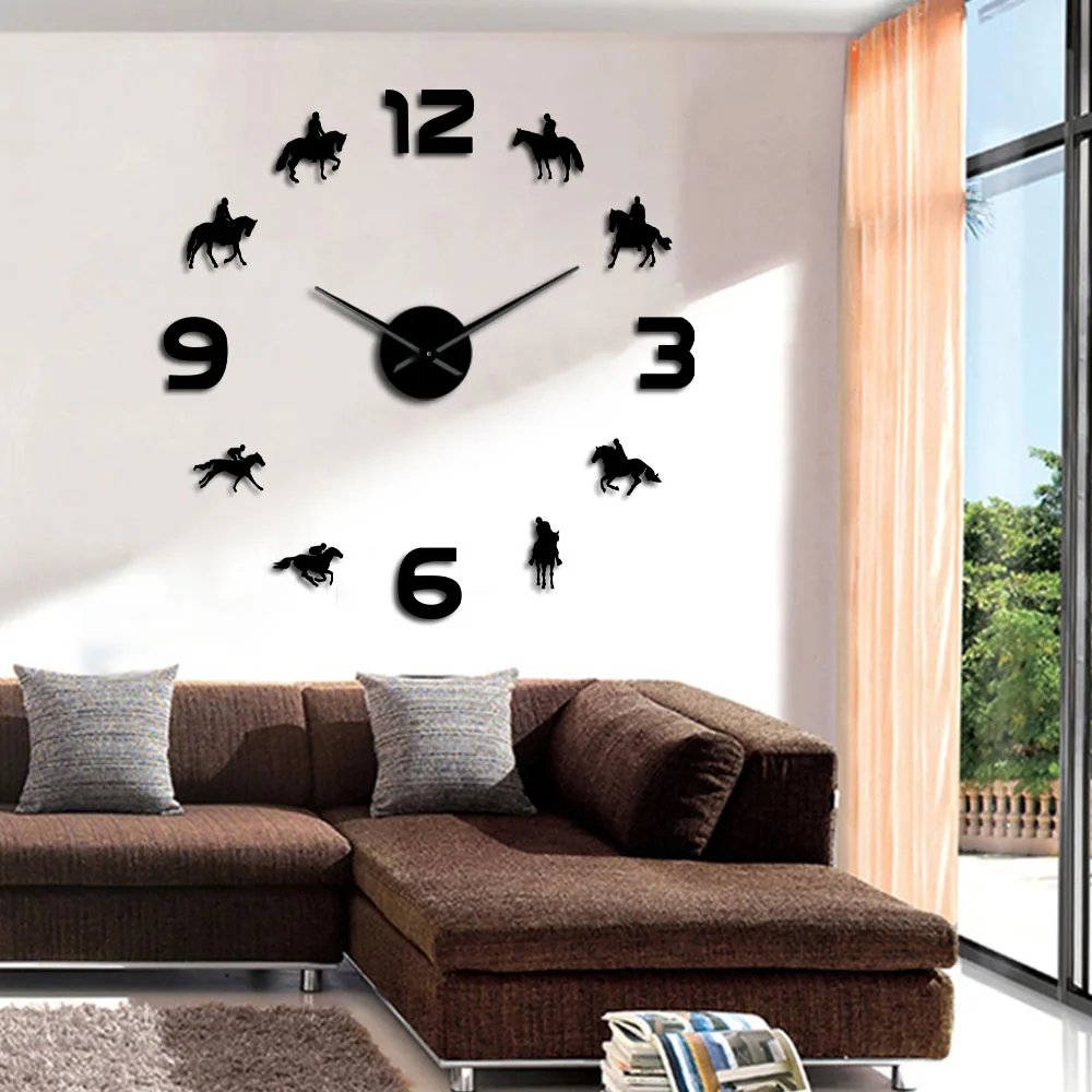 Günstige Horse Racing DIY Riesen Wanduhr Horse Racing Wand Kunst Land Haus Racehorses Decor Rahmenlose Wand Uhr Geschenk für eine jockey