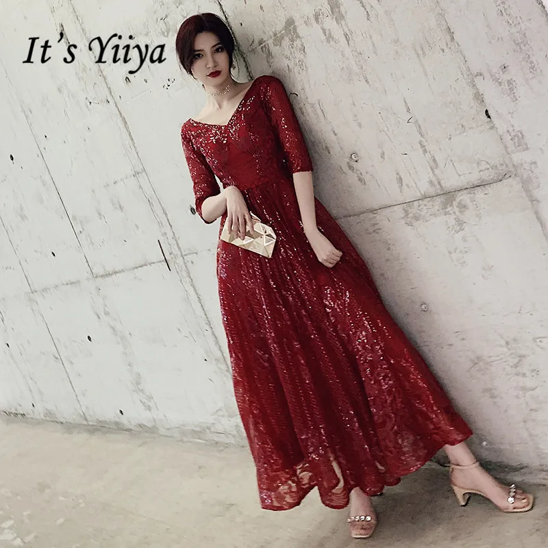 

It's Yiiya Evening Dress For Women Plus Size V-neck Evening Dresses Half Sleeve Formal Gowns Long Burgundy robe de soiree LF155