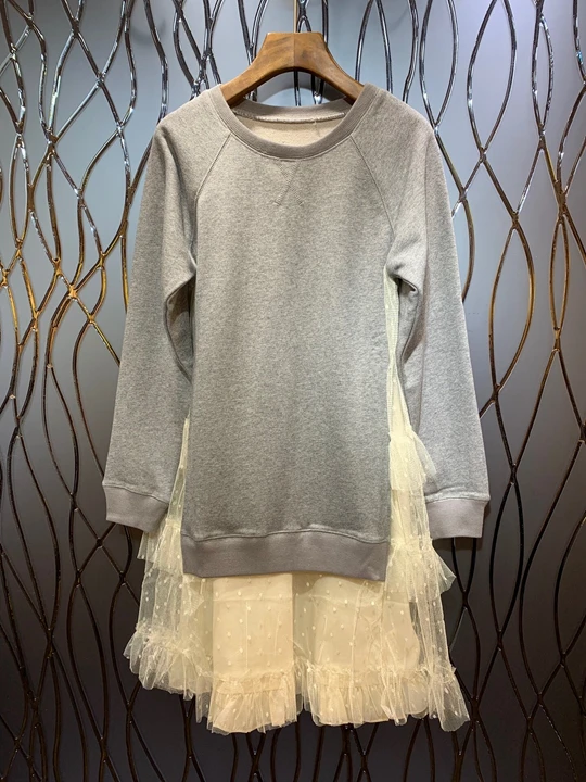 

2019 Early autumn new women's round collar hem irregular patchwork yarn long sleeve dress 731