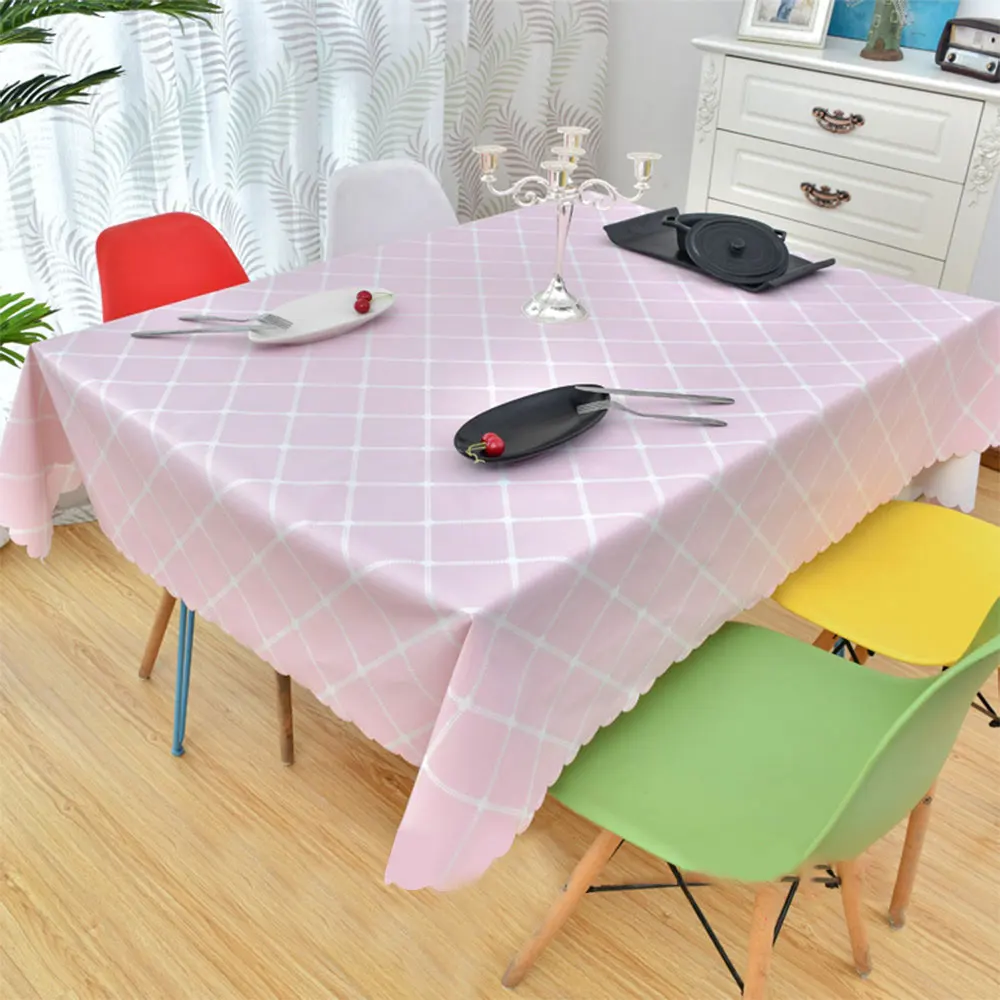 Grid Printed Flower Tablecloth Pattern Tablecloth PVC Rectangular Oilproof Kitchen Banquet Wedding Party Hotel Decoration - Color: pink