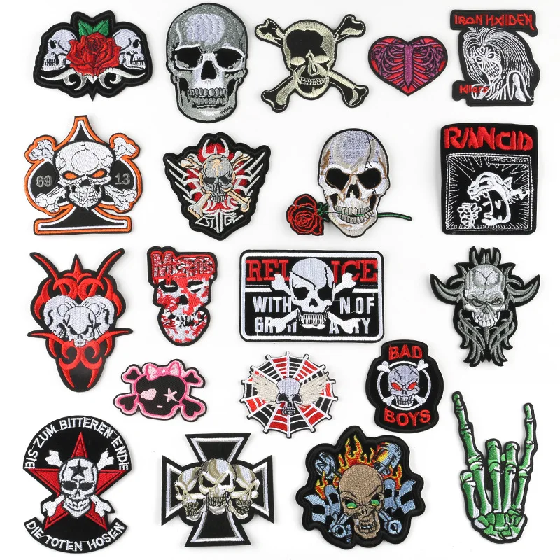 

Skull Clothing Patches Iron on Stripes for Badges Finger Stickers on Clothes Punk Embroidery Appliques @G