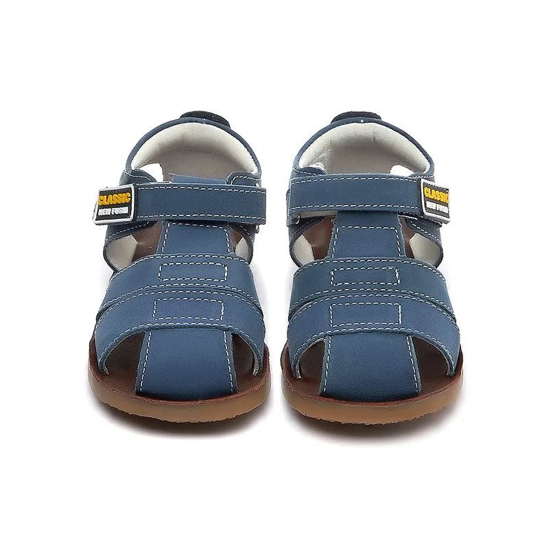 Children frosted genuine leather beach sandals boys barefoot non-slip sandals with cowhide lining baby soft Navy blue
