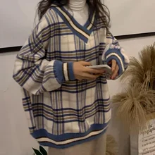 

Plaid Pullover Women Warm Korean Pullover Sweater Loose Vintage Women Turtleneck Sweatshirt V Neck Jumper Long Sleeve Pull Femme