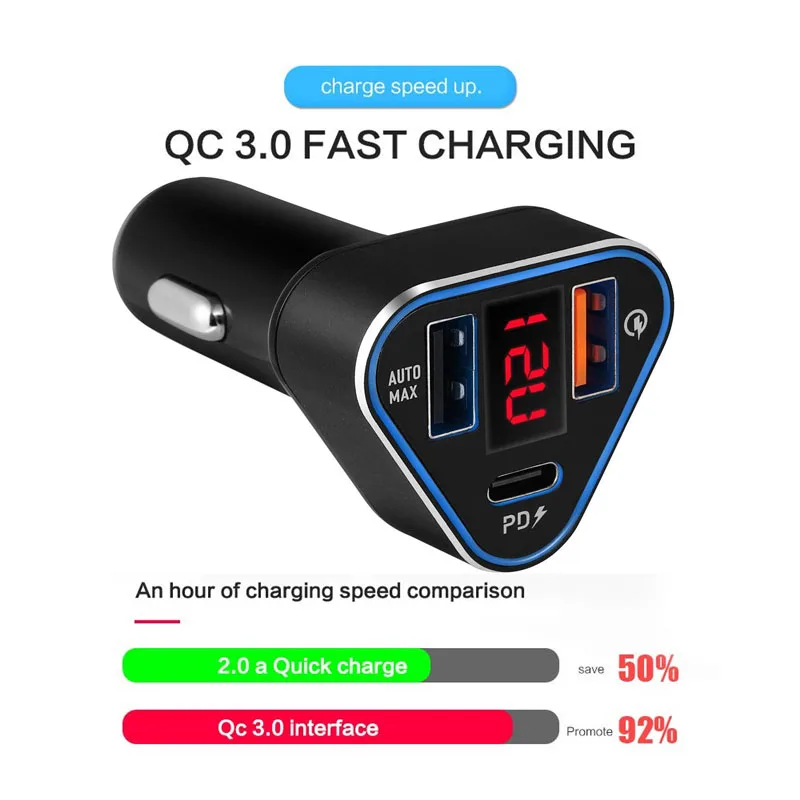 3 в 1 Автомобильное зарядное устройство QC 3,0 USB PD type C Быстрая зарядка ЖК-дисплей для iPhone 7 8 X XR XS 11 Por MAX Plus samsung S9 S10 mate 30