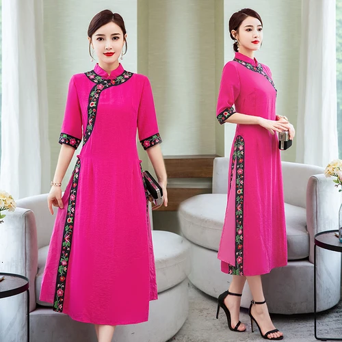 

2019 Early Autumn Women Chinese Style Embroidery Long Maxi Dress Mandarin Collar A-line Plus Size Female Work Wear