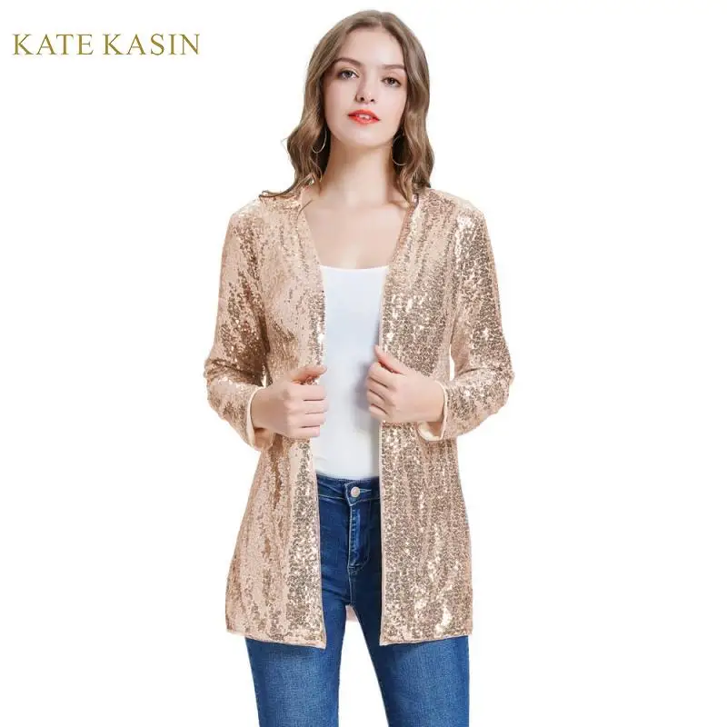 Kate Kasin, Женское пальто с блестками, куртка, потрясающая, открытая спереди, длинный рукав, кардиган, верхняя одежда, модная, с блестками, уличная одежда, KC000075