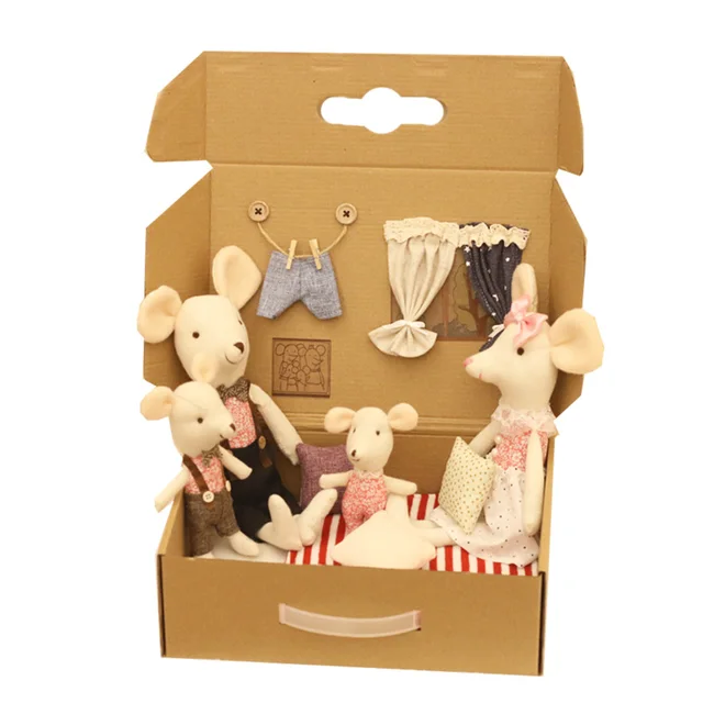 Toys For Kids Cute Baby Dolls Boy Girl The mouse family Mini plush doll house cute mouse doll box Play house toys 2