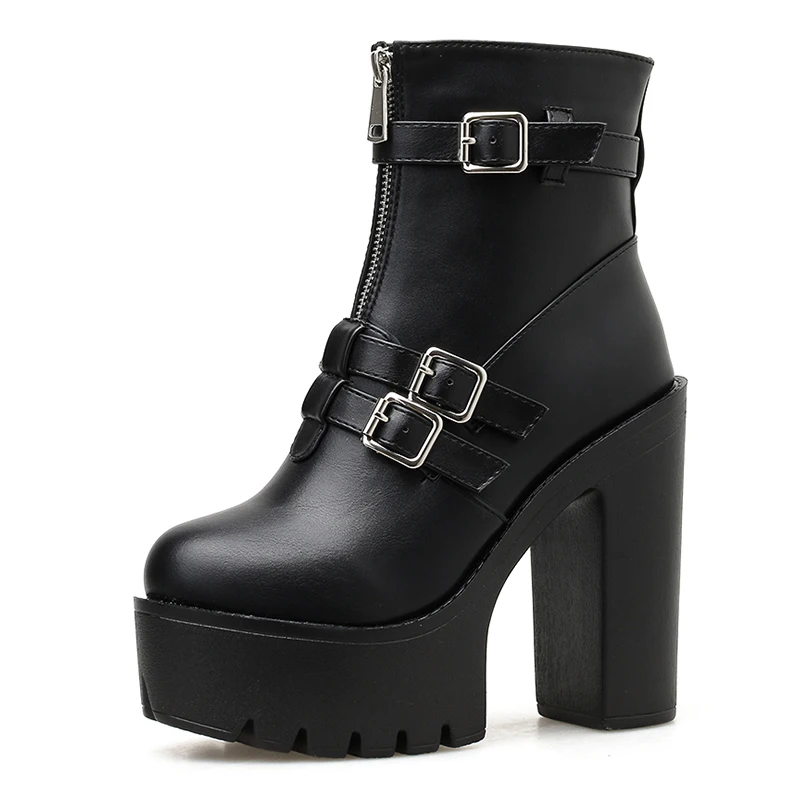 black shoes Gdgydh/пикантные ботинки с пряжкой; женская обувь на высоком квадратном каблуке с молнией; сезон осень-весна; готическая Черная кожа; однотонные Женские базовые ботинки - Цвет: black shoes