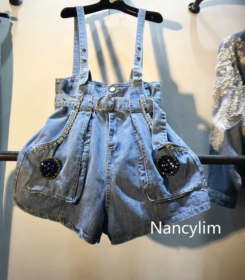 Синий Nancylim/джинсовые шорты на ремешке для девочек; коллекция года; Новинка; сезон весна-лето; Высокая талия с поясом; широкие ковбойские шорты для женщин - Цвет: Синий