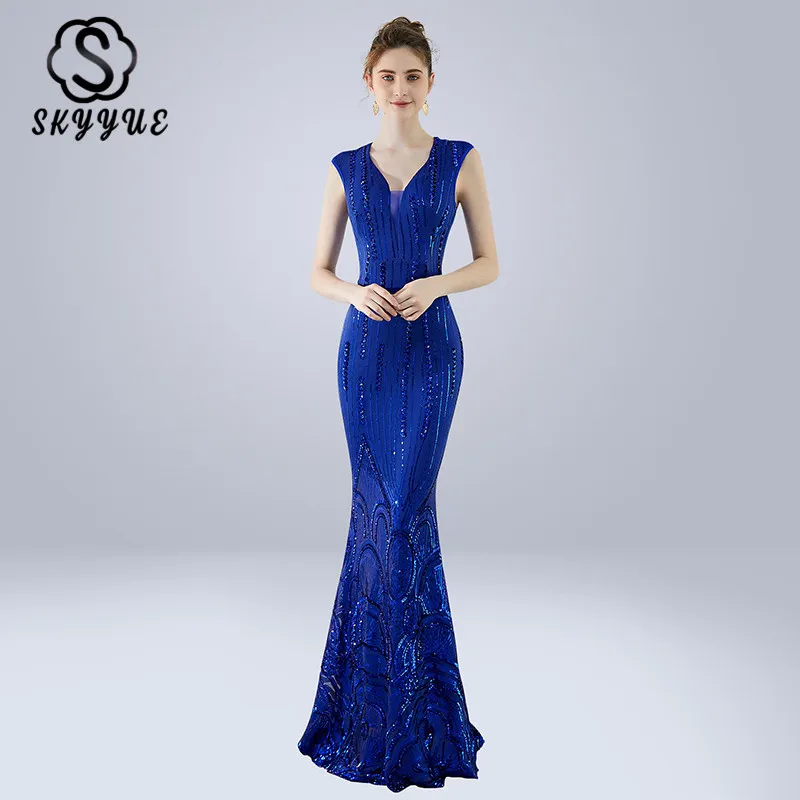 Skyyue; джемпер с треугольным воротом без рукавов для девочек пол Длина вечернее платье для выпускного вечера; Robe De Soiree блесток Элегантный Для