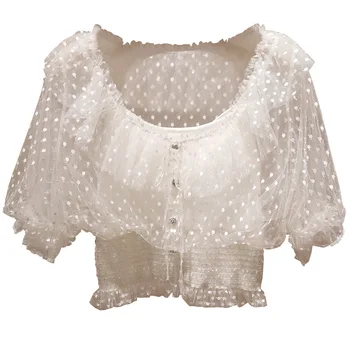 

2020 summer new flounces dot chiffon lace fake two piece set knit sweater women