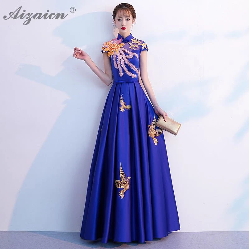 Синий Вышивка Феникс Длинные Cheongsam современный тонкий вечерние платья Qi Pao для женщин Китайская традиционная одежда элегантный хост Qipao