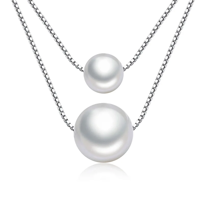 

Real 925 Sterling Silver Double layer Round Pearl Charm Pendant Necklace For Women Wedding Romantic Jewelry Choker Collar