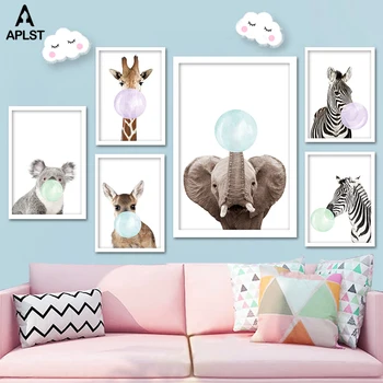 

Baby Giraffe Zebra Elephant Colorful Bubble Gum Nursery Posters and Prints Animal Canvas Painting Wall Art Kids Bedroom Picture