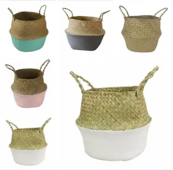 

1Pcs Household Seagrass Woven Storage Pot Garden Flower Vase Hanging Basket+Handle Pots Planters Basket