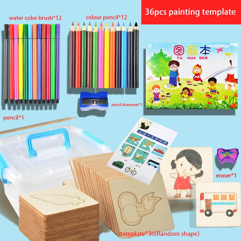 60Pcs Board School Paint Tools Educational Coloring Book Paint Learning Coloring Board Drawing Noard Wooden Drawing toy - Цвет: 36Pcs Set