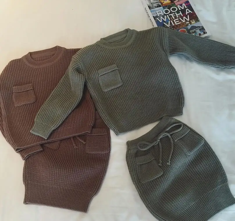 Комплекты со свитером для девочек; вязаные юбки; комплекты из 2 предметов; комплекты одежды для маленьких девочек; модная Высококачественная детская одежда