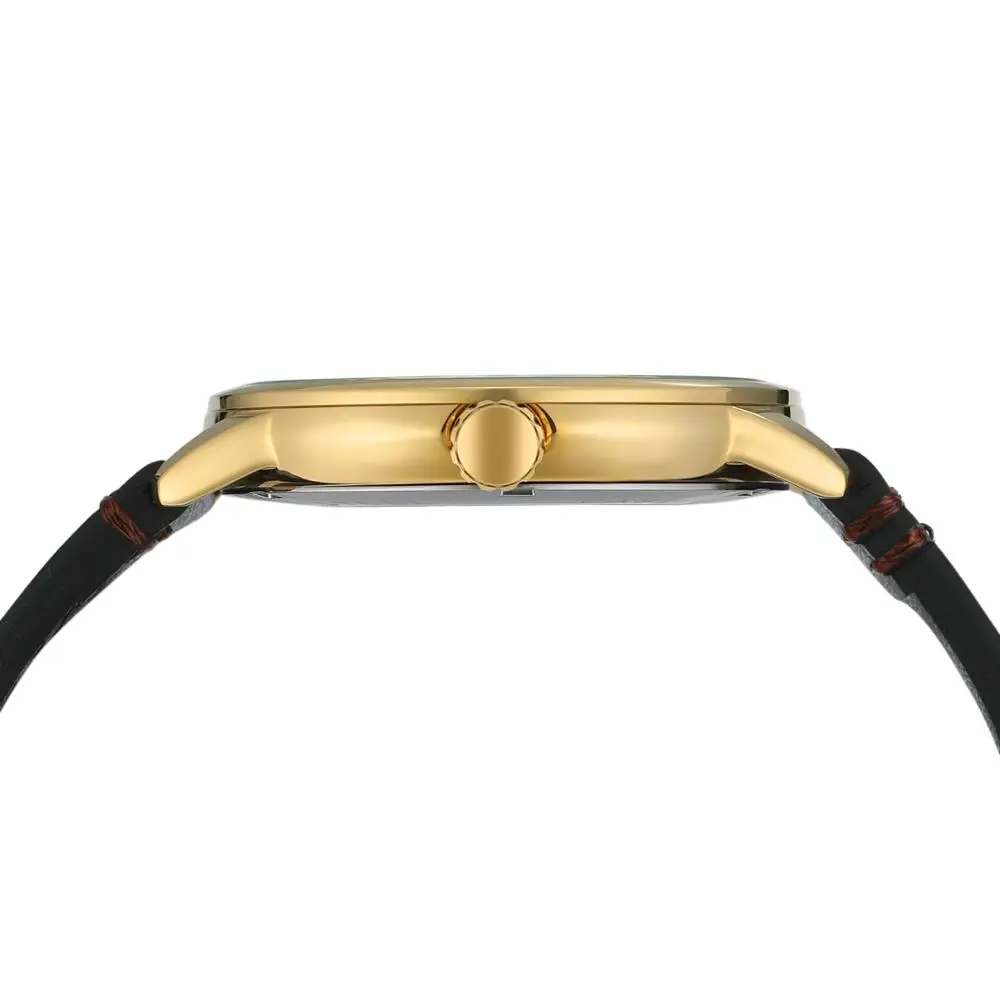 T-WINNER Fashion simple casual men's and women's wrist watch white dial gold case dark brown leather strap mechanical watch 5