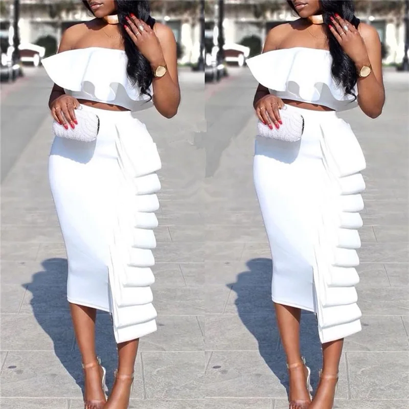 Women 2 Piece Sets Crop Tops Skirts Sexy Dinner Ruffles Off Shoulder Slim Jupes 2022 Fashion New Summer Backless Party Wear Suit 1