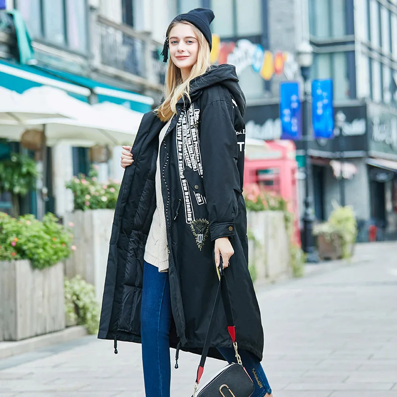 Winter oversized style letters printed rivet beading Duck down coat female Long Warm fluffy down Jacket thick warm Parkas F428