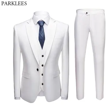 

3pcs Men White Suit One Button Slim Fit Suits Blazer With Pants Business Wedding Groom Jacket Vest & Pants Costume Homme Mariage