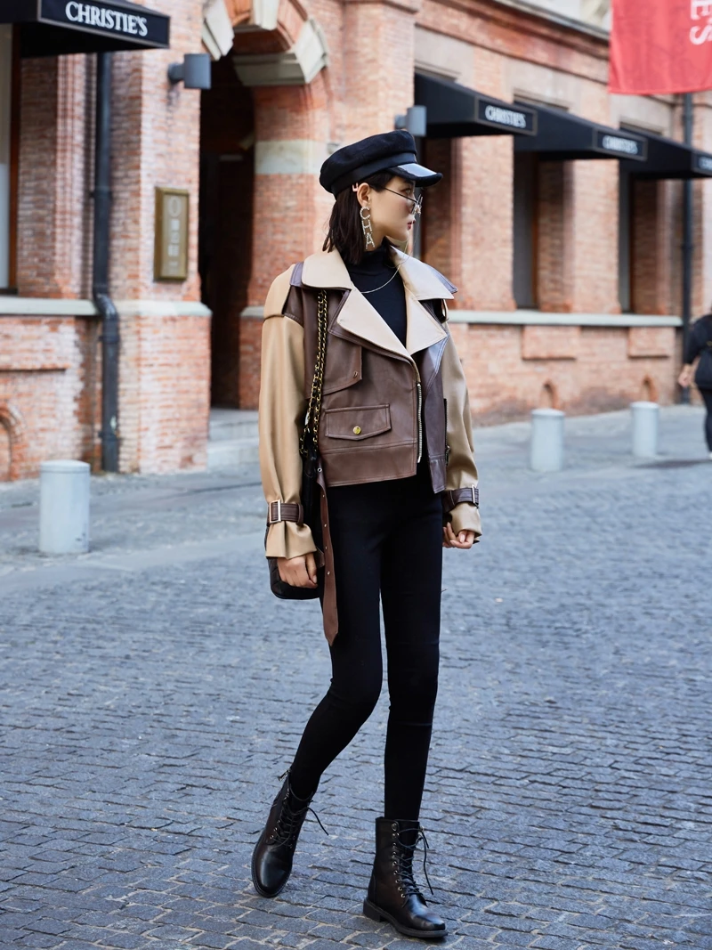 DBYCOOL Pu Leather Jacket Women New Short Motorcycle Jacket Loose High Waist Color Block Fashion Biker Coat Female 45413215