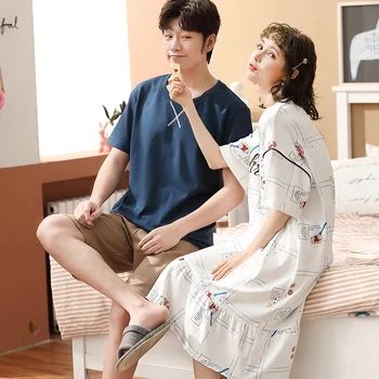 

BZEL Lovers Pyjamas Fresh Letter Leaves Nightgown White Sleepwear Man Nighty Hot Couple O-Neck Casual Homewear Pijama Sets M-3XL