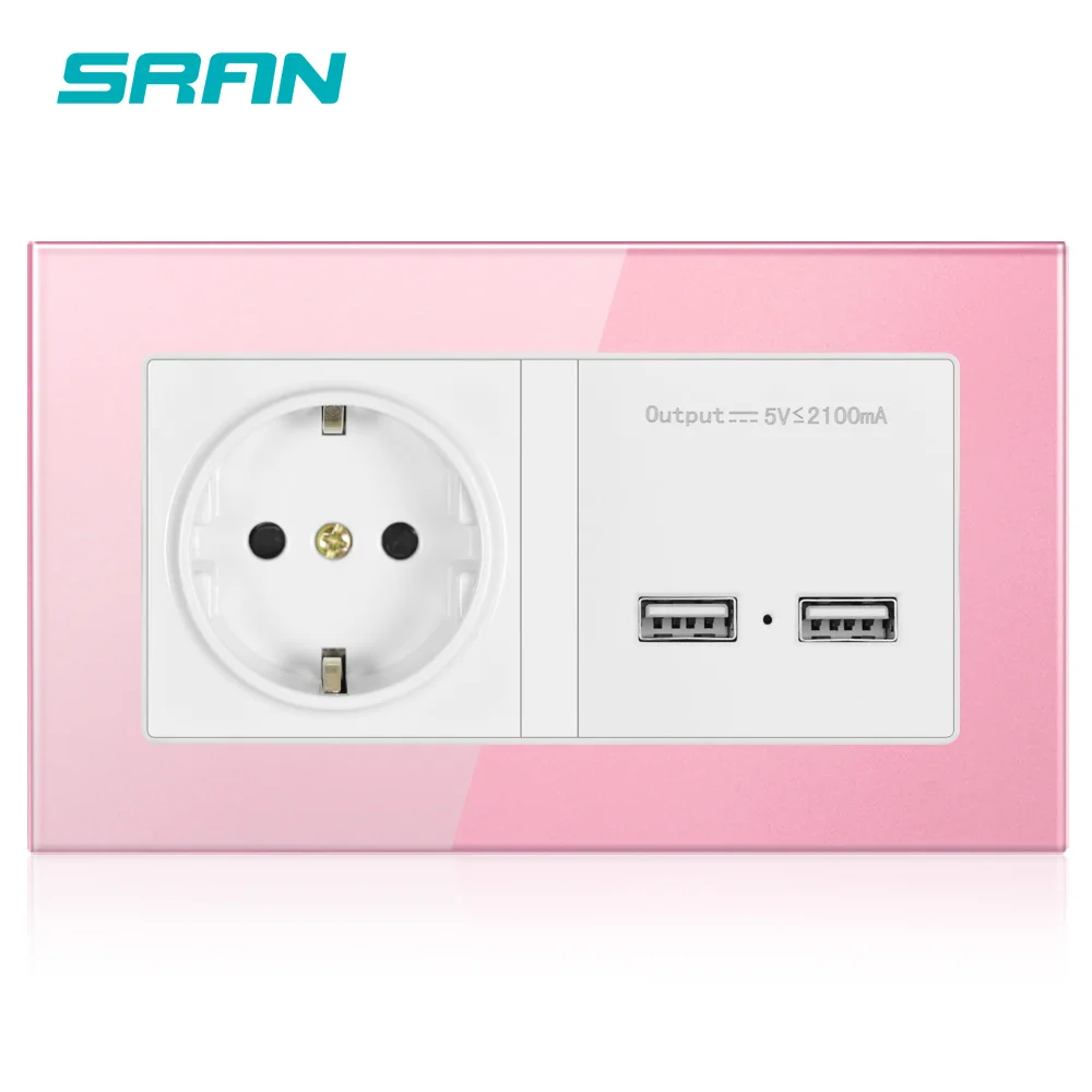 SRAN USB быстрый интерфейс охра Черный цвет европейский стандарт розетка 146*86 мм украшение дома розетка с USB стеклянной панелью
