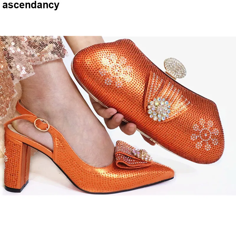 

New Arrival Women Shoe and Bags To Match Set Sale Nigerian Shoe and Matching Bags Set Decorated with Appliques Women High Heels