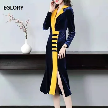 

Top Quality Dress 2019 Autumn Winter Sexy Party Mermaid Dress Women Notched Collar Beading Button Up Long Sleeve Velvet Dress