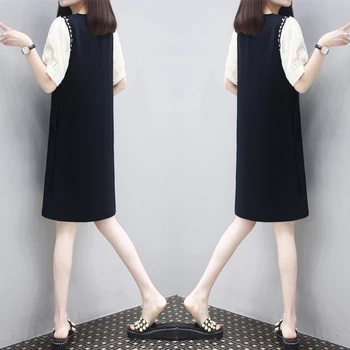 

European 2020 Summer New Loose And Slim Mm Large Bubble Sleeve Splicing Short Sleeve Straight Tube Dress Female Fashion