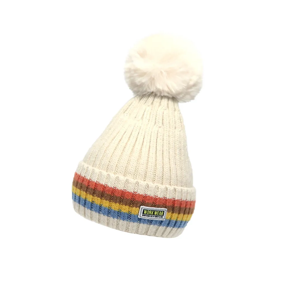 Children Winter Pom Pom Stitching Hats Letter Printed Warmer Colorful Knit Beanie Caps Unisex Comfortable Autumn Bonnets 19Nov07