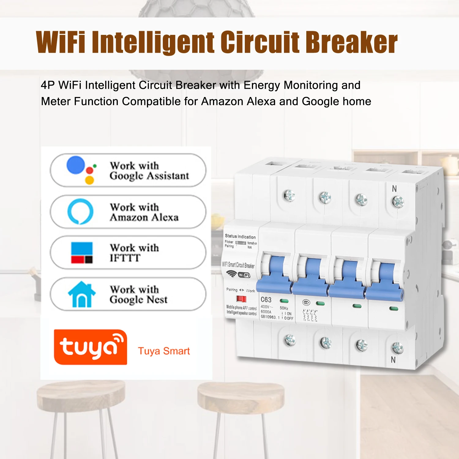 4P WiFi Intelligent Circuit Breaker with Energy Monitoring and Meter Function Compatible for Amazon Alexa and Google home