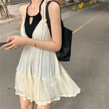 

2021 Summer Casual Holiday Style Sweet Loose Mini Dress Sexy Halter Backless Mesh Patchwork Spaghetti Straps Dresses for Women