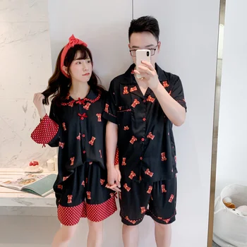

Princess sweet lolita pajamas Sweet women's silk imitation pajamas Korean cute bear short sleeves pajamas in summer MHH NK08