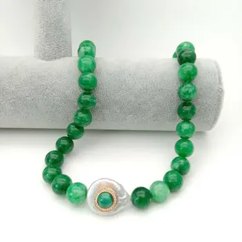 

18" Coin Pearl Green Jade CZ Pave Malachite Necklace