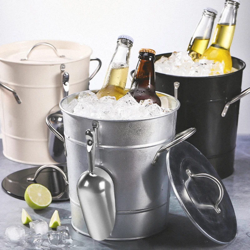 Tinplate Ice Bucket With Lid Whiskey Glass Can Cooler Beer Drink Cooler Double-Deck Bar Accessories Free Ice Shovel 3.5L