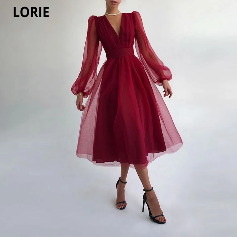 

Короткие вечерние платья LORIE бордового цвета 2021, вечерние платья из фатина для выпускного вечера, пышное пляжное ТРАПЕЦИЕВИДНОЕ платье принцессы с V-образным вырезом и длинными рукавами