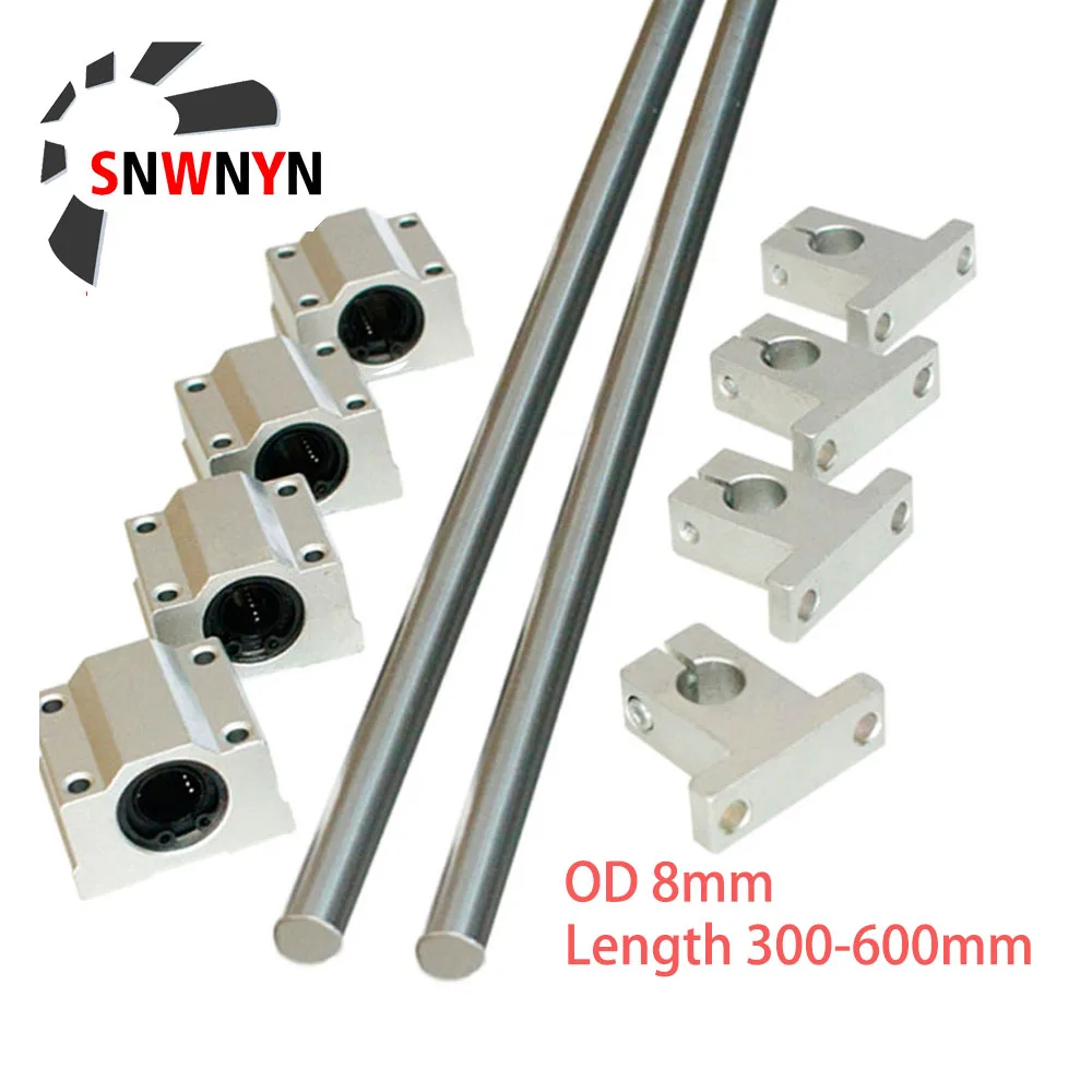 

2pcs Optical Axis Linear Rail Shaft OD 8mm Length 300mm 400mm 500mm 600mm +4pcs SCS8UU Bearing Blocks + 4pcs SK8 Bearing Support