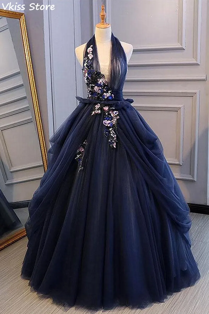 

Vkiss Navy Blue Evening Dress Sexy Backless Lace-up Halter V-neck Sleeveless Applique Floor Length Prom Dress robe de soirÃ©e