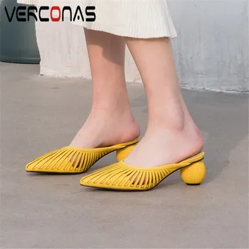 

VERCONAS Women Genuine Leather Mules Slippers Sweet Brand Design Party Shoes Pointed Toe Thick Heels Sandals Summer Shoes Woman