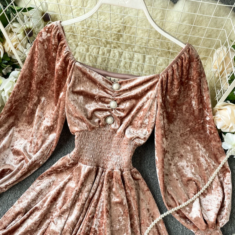 Women Retro Square Collar Elastic Waist Slim Long Puff Sleeve Chic Velvet A-line Dress Autumn Winter Elegant Vestidos K055