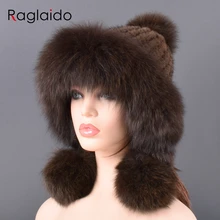 Шапка-бомбер из натурального меха норки для женщин, вязаная подкладка, ручная работа, модный теплый помпон, зимние шапки из натурального меха норки, меховые шапки для женщин