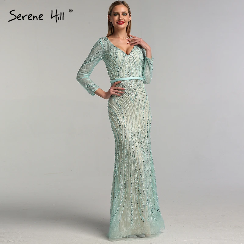 Dubai Green Long Sleeve Mermaid Fromal Dresses V-Neck Beaded Sequins Luxury Evening Dresses Serene Hill BLA6396