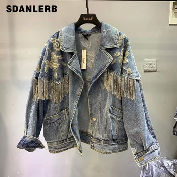 

European Jean Jacket Woamn New Heavy Process Tassel Top Sequin Retro Washing Breasted Denim Jacket Hand Studded Jacket Coat