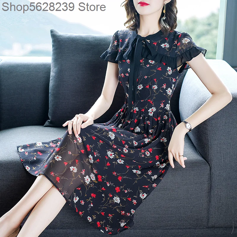 

Foreign Style Floral Dress 2020 Waist Slimming Temperament Medium Length Chiffon Printing Lady Skirt